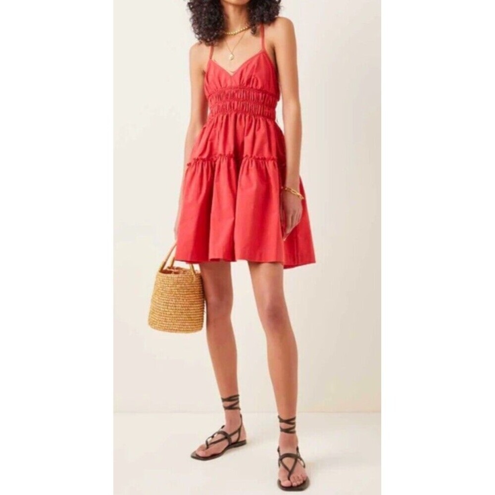 Three Graces London Mia Poplin Mini Dress 12 US 8 Red 100% Cotton Smocked